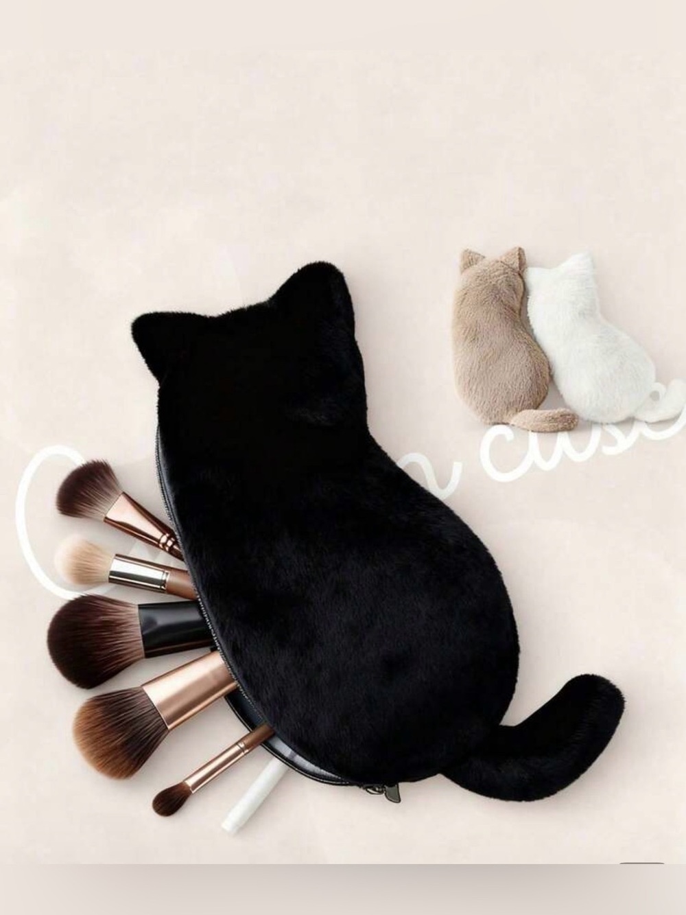 Cat Cosmetic Bag brushes fur kitten shaped makeup pouch travel luggage black Tan